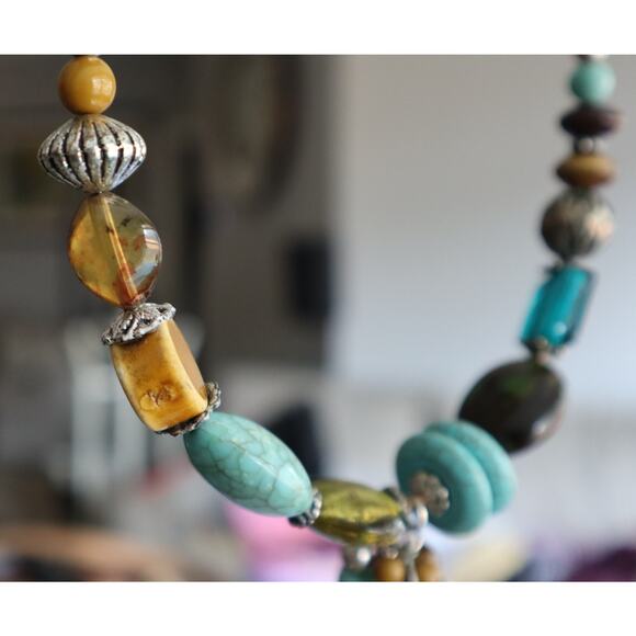 PETRA: tiger Wire Wrapped Turquoise Natural Stone Pendant Glass Beads Tiger Eye Choker RARE